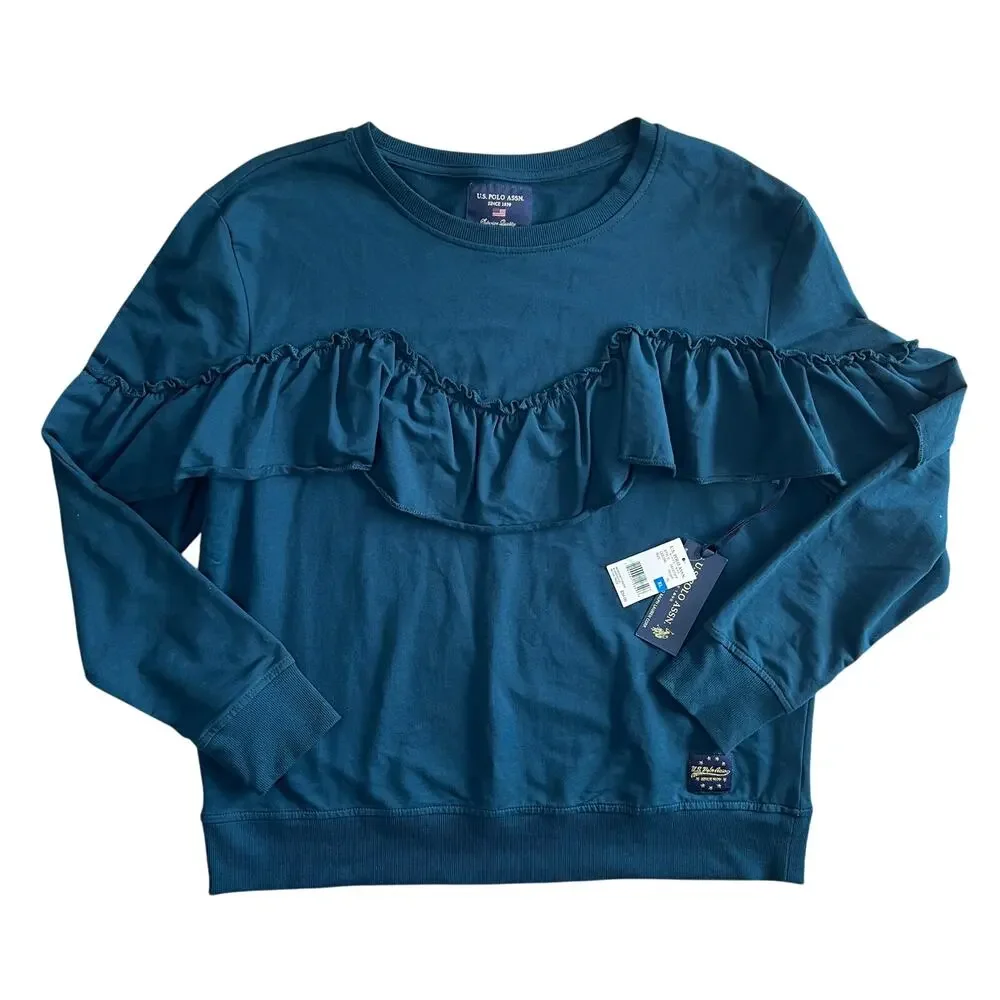 U.S. Polo Assn Teal Ruffle Sweatshirt XL NWT - Picture 2 of 10